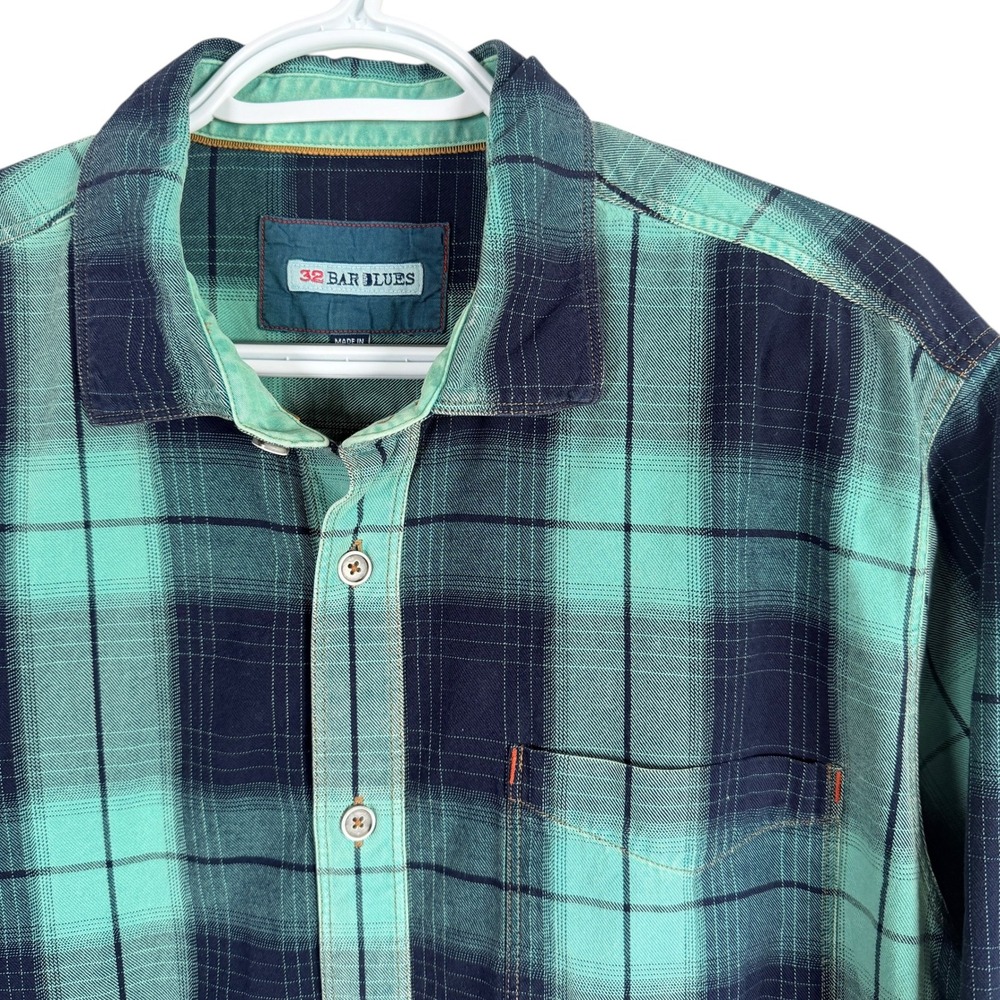 32 Bar Blues Button Down Shirt Mens L Teal Plaid Long Sleeve Cotton